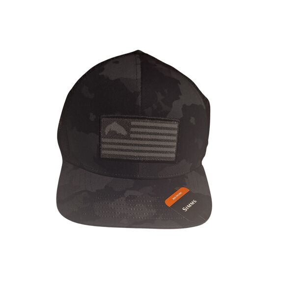 NWT Simms Tactical Trucker Hat Black Camo Flag Patch Adjustable Snapback - Picture 1 of 4